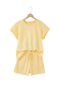 Yellow  Eyelet Lace Patchwork Sleeve Short 2pcs Outfit