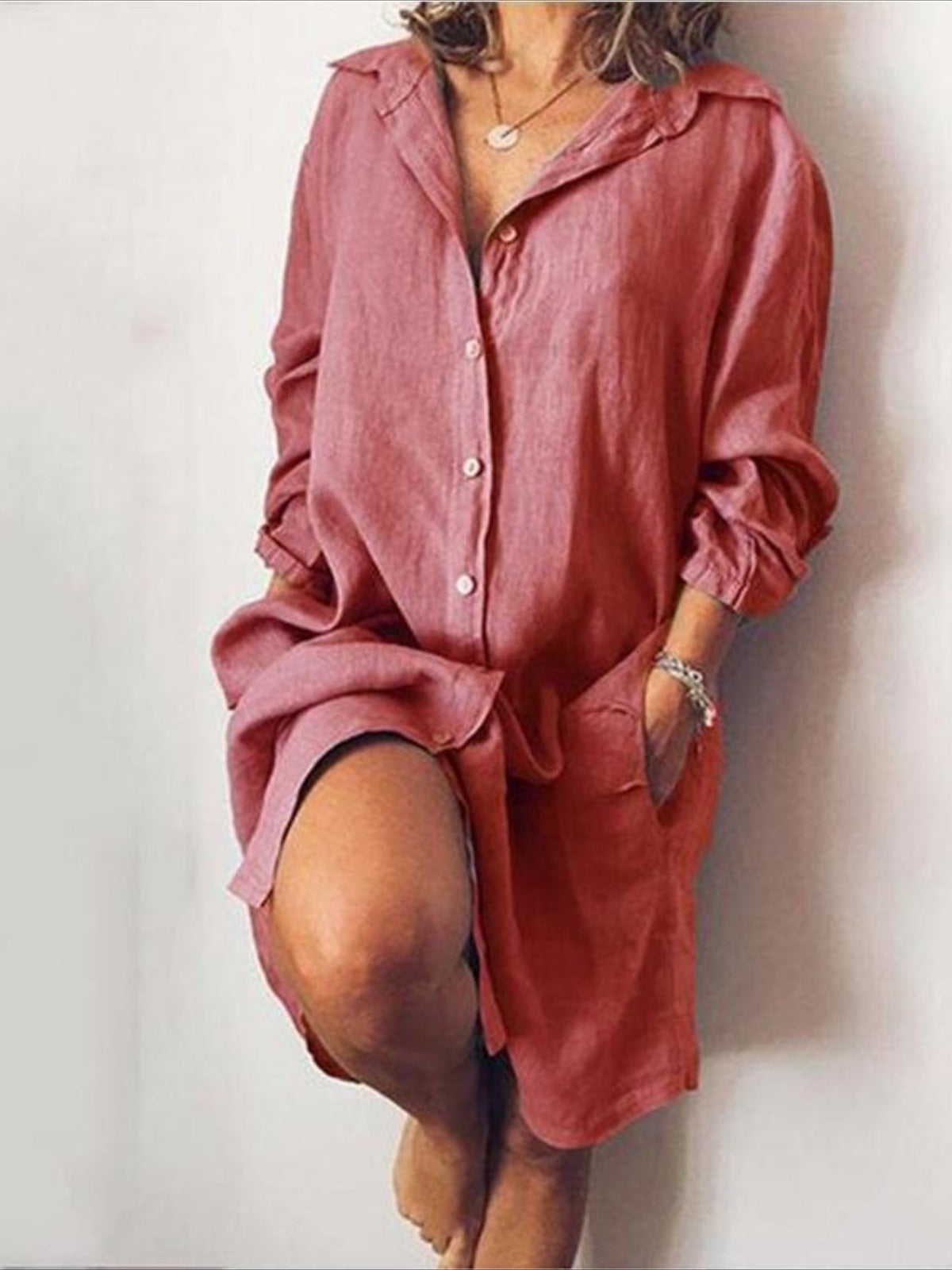 Button Front Solid Shirt Dress, Casual Long Sleeve Long Length Dress