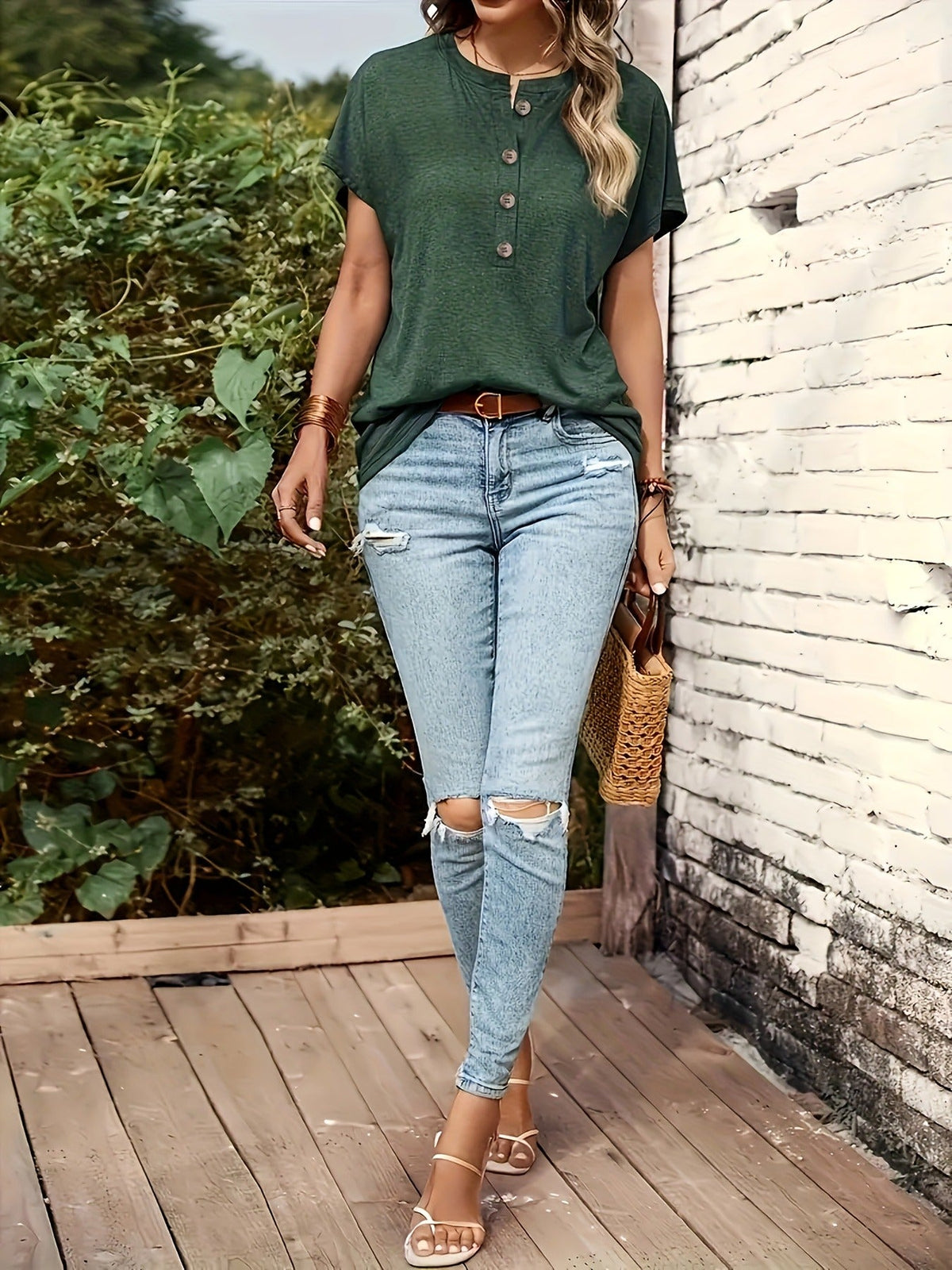 Button Front Solid T-shirt, Casual Short Sleeve T-shirt