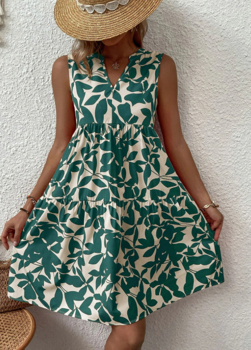 Bohemian V-Neck Pleated Printed Dress