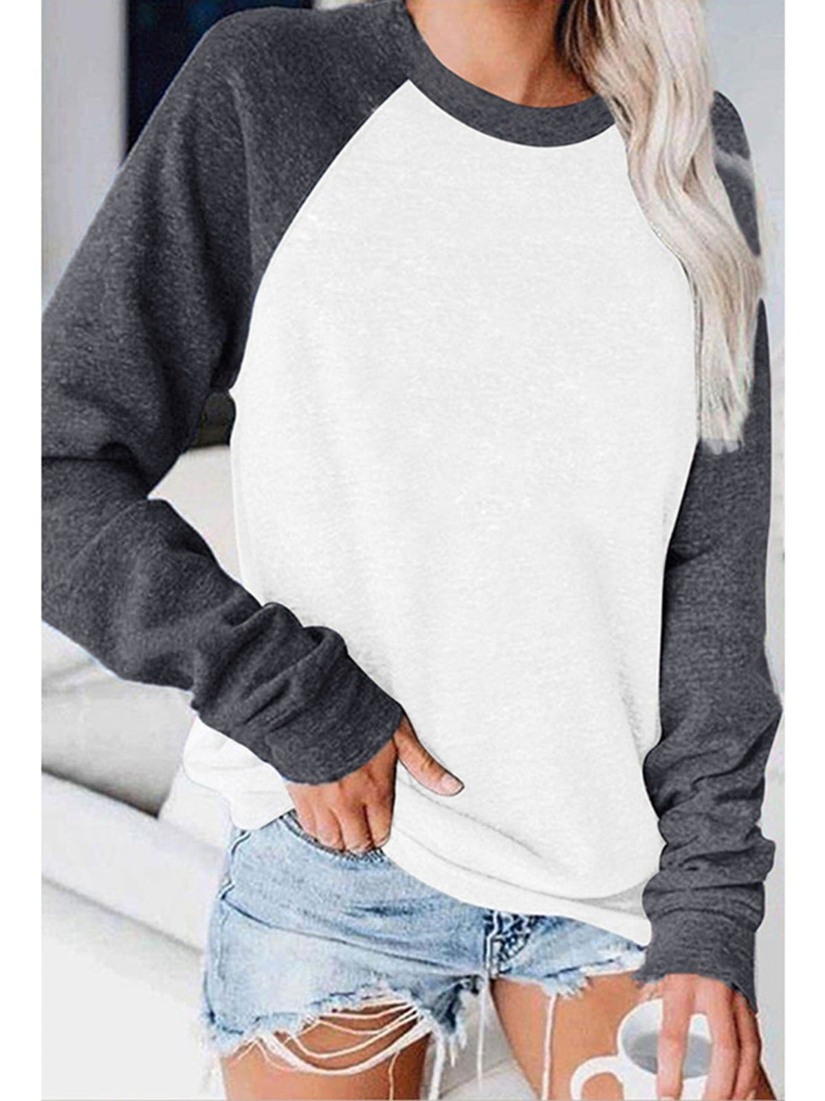 Color Block Long Sleeve Shirt, Oversized Crew Neck Top