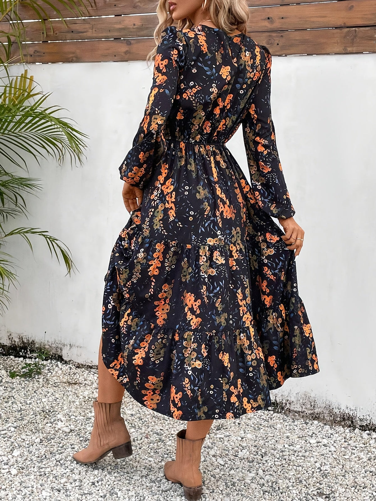 Floral Print A-Line Long Sleeve Dress for Women, Elegant Casual Dress