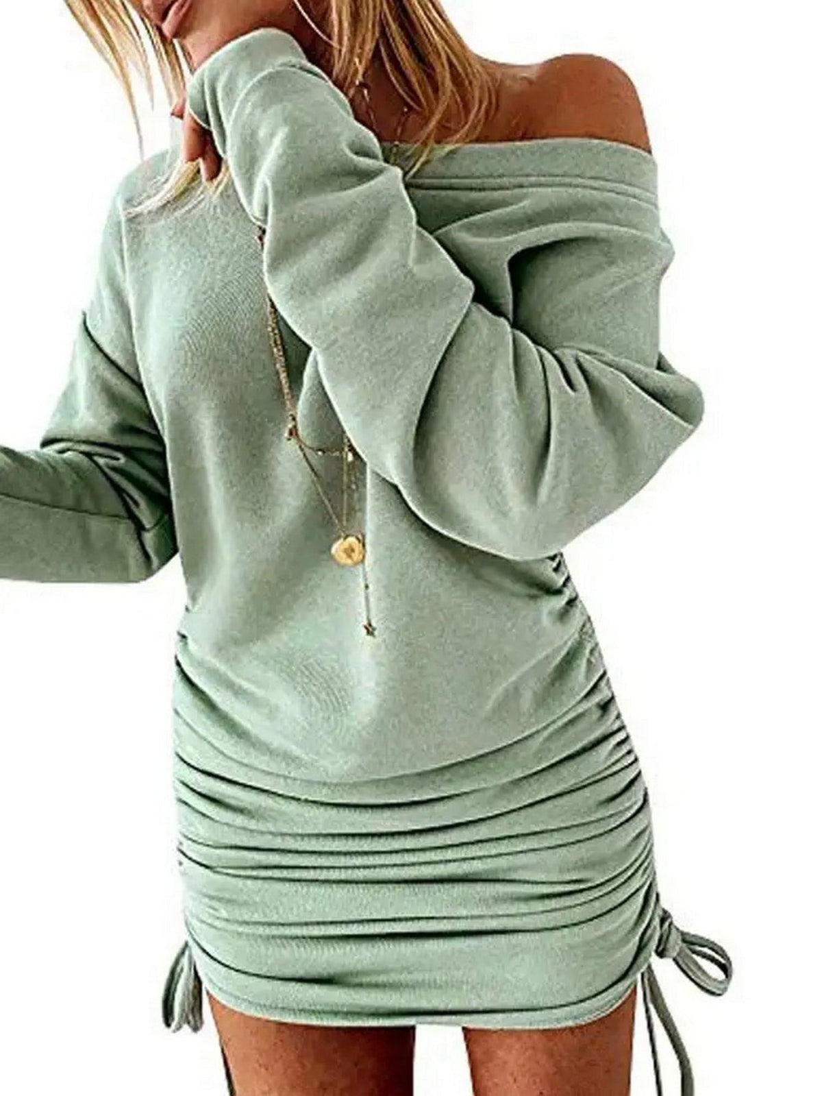 Solid Drawstring Pullover Sweatshirt Dress, Casual Ruched Long Sleeve Sweatshirt Dress