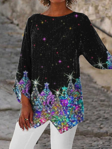 Christmas Top, Women's Glitter Christmas Tree Print Three Quarter Sleeve V Neck Slight Stretch Top