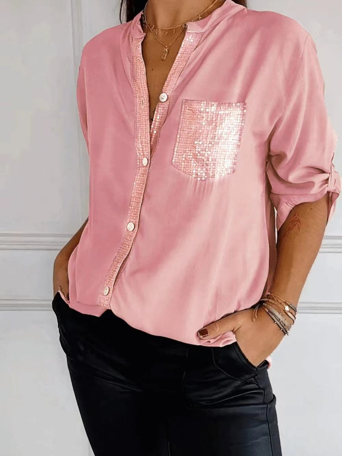 Solid Color Casual V-Neck Sequin Loose Fit Long Sleeve Blouse