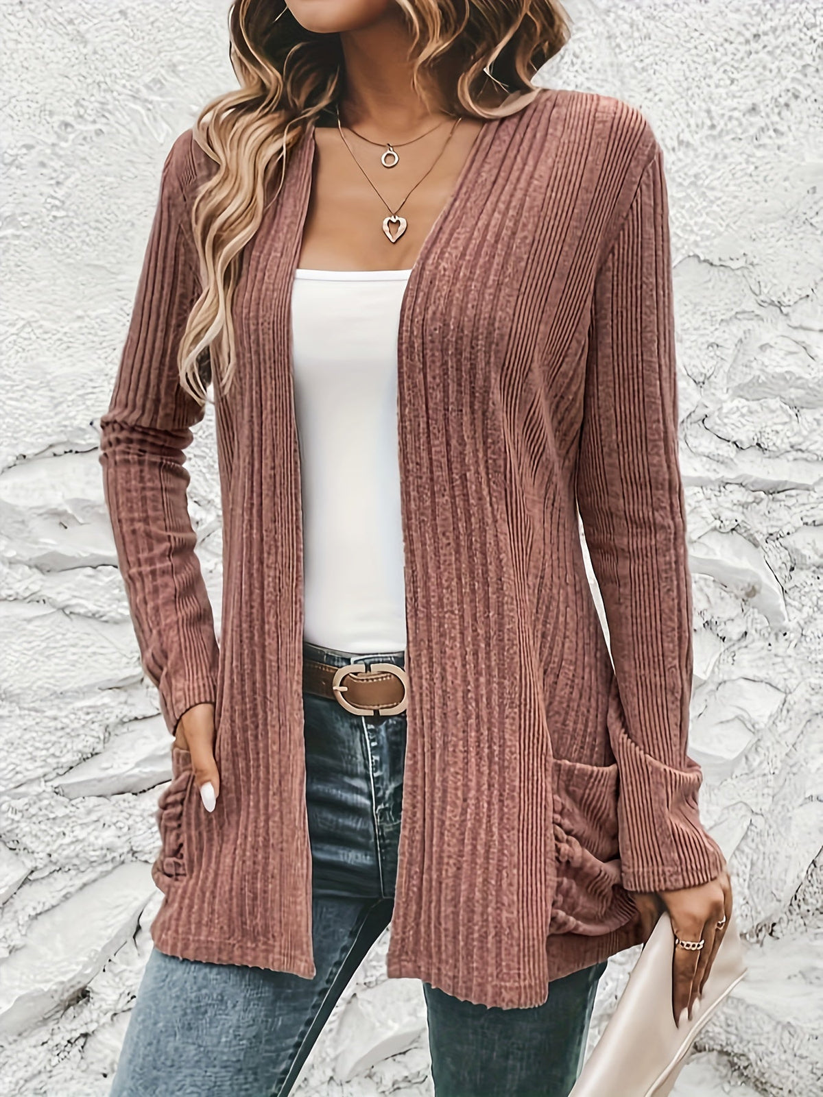 Solid Open Front Rib Knit Cardigan, Casual Long Sleeve Slim Cardigan With Pocket
