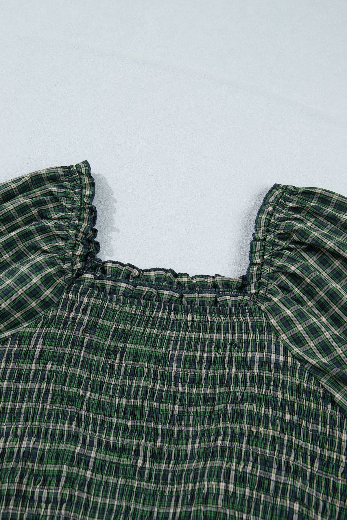 Green Plaid Square Neck Shirred High Waist Ruffle Hem Dress