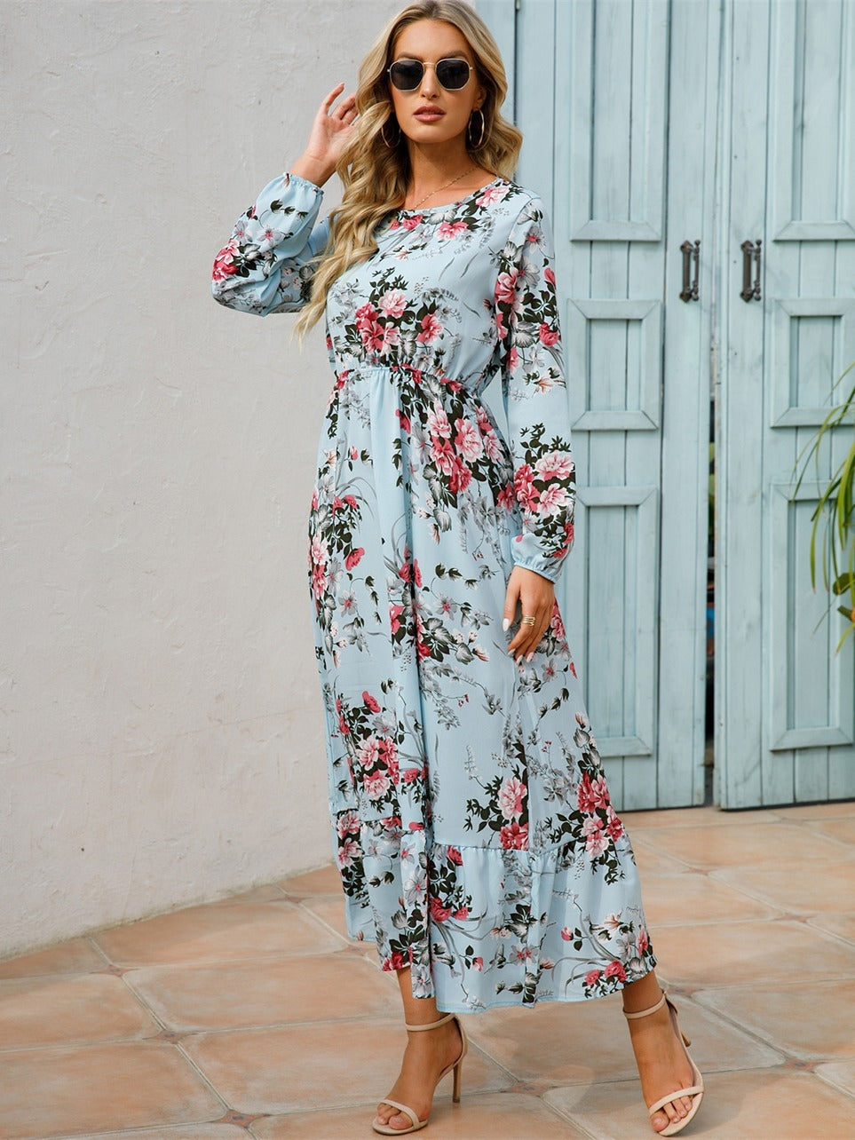 Floral Long Sleeve Maxi Dress, Long Sleeve Loose Crew Neck Dress, Casual Dresses