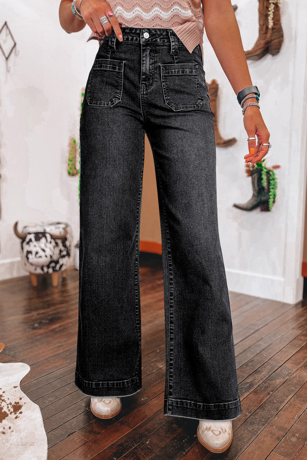 Black Wide Leg Pocketed High Waist Jeans