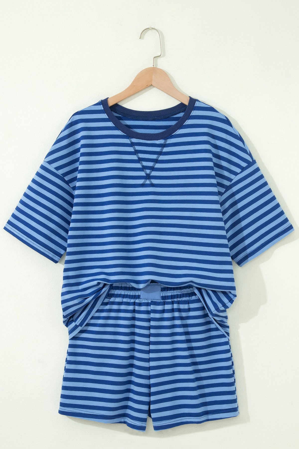 Blue Stripe Striped Ribbed Cotton Two-Piece Short Set with Chest Patch Detail