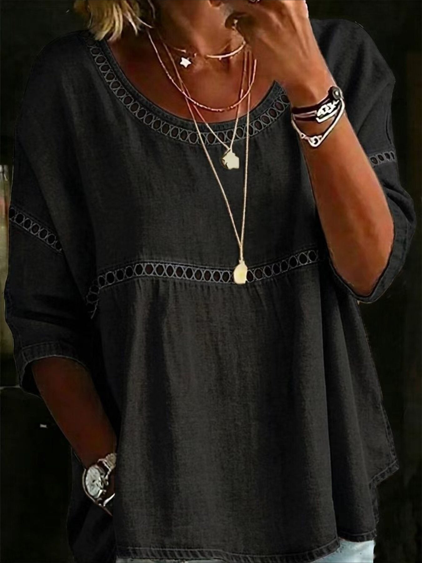Flower Printed Mid Sleeve Pleated Round Neck Top