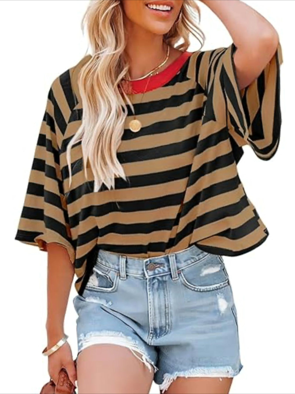 Striped Drop Shoulder Loose T-Shirt, Casual Short Sleeve T-Shirt