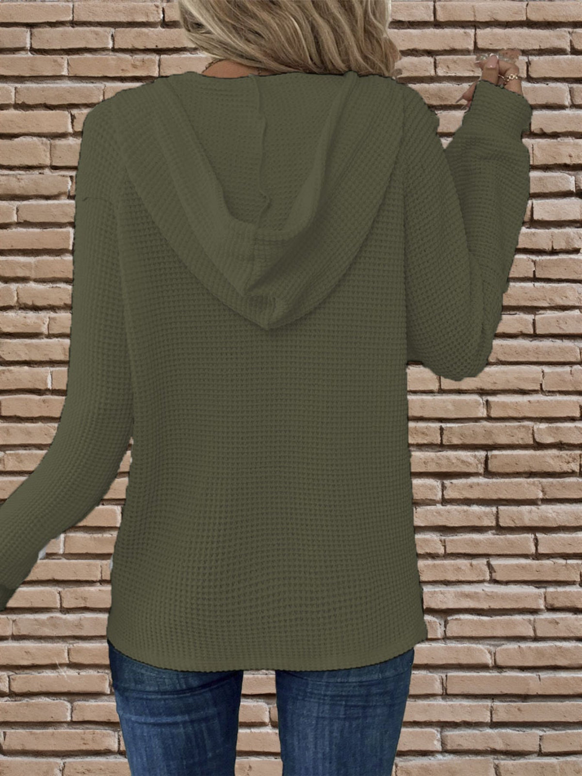 Waffle Button Front Loose Hoodie, Casual Long Sleeve Drawstring Hoodies Sweatshirt