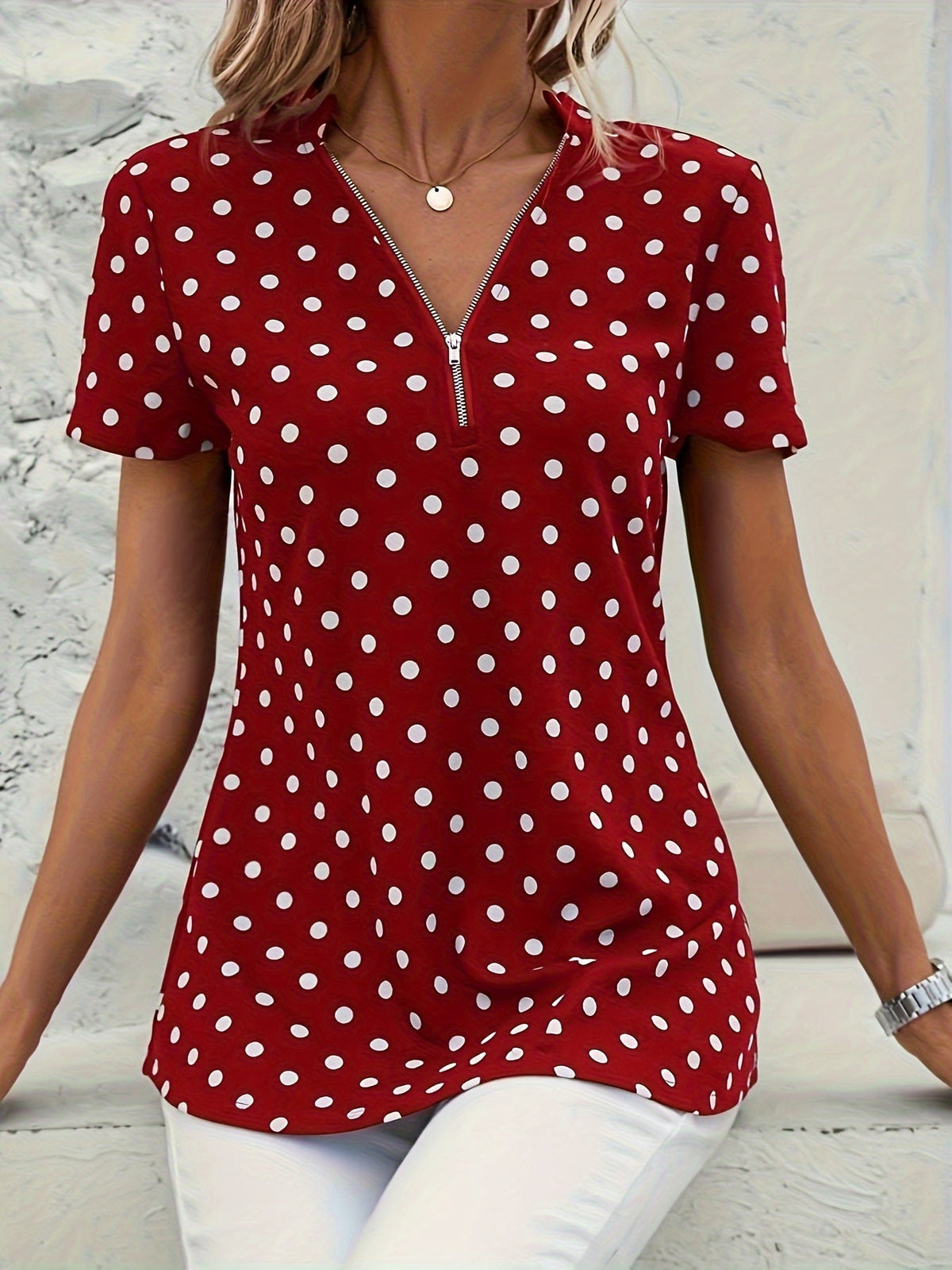 Polka Dots Print V Neck Blouse, Elegant Zipper Front Short Sleeve Blouse