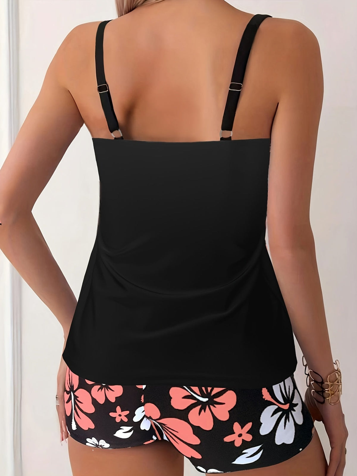 2pcs Elegant Black Tropical Print Stretchy Tankini Set - Ruched Sleeveless Top