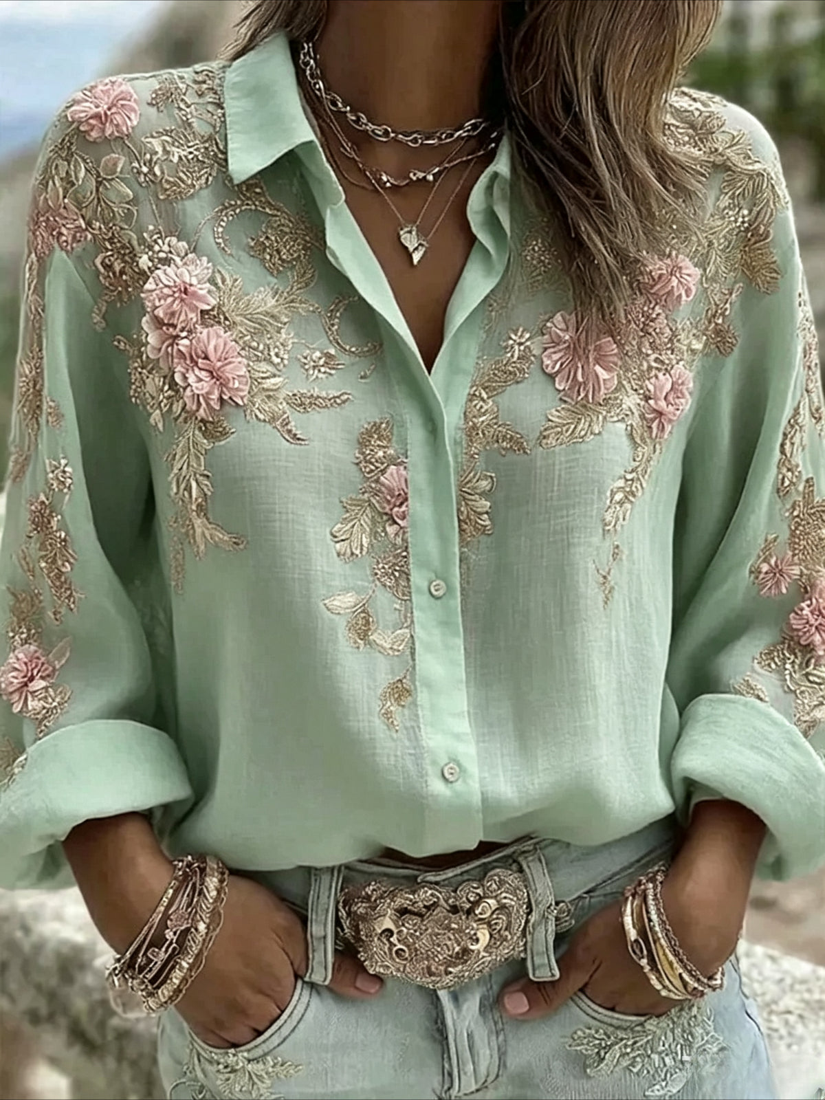 Flower Prints Stand Collar Casual Long Sleeve Blouse