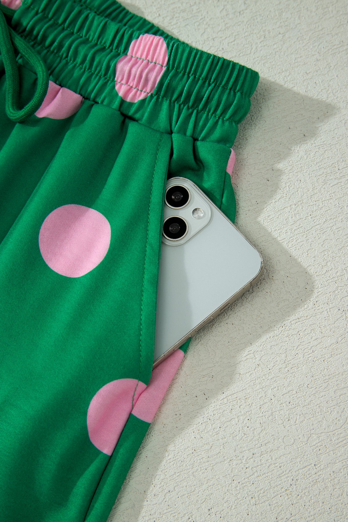 Green Polka Dot Print V Neck Tee Short Set