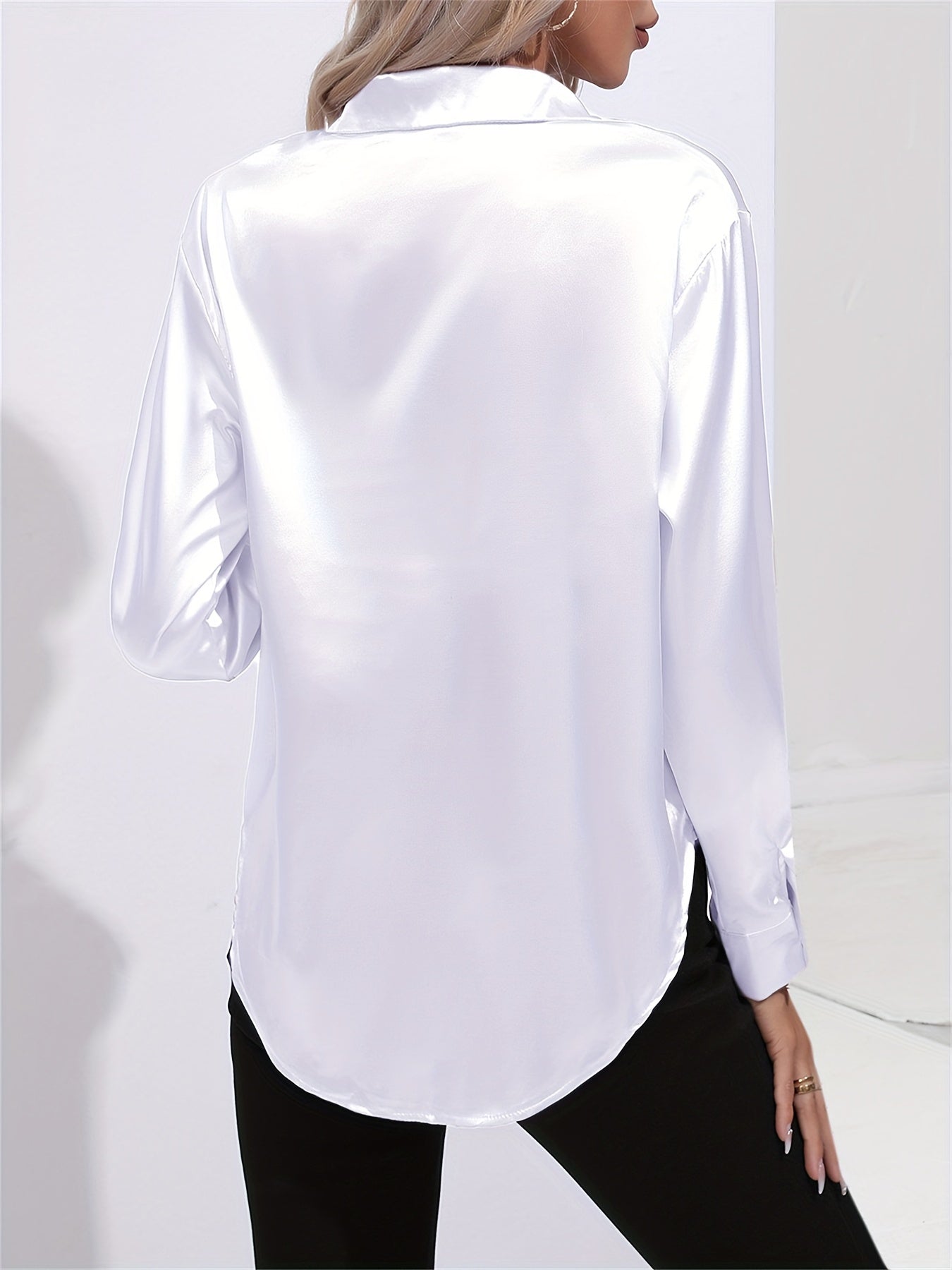 Lapel-collar Satin-satin-faux Silk Long-sleeved Shirt
