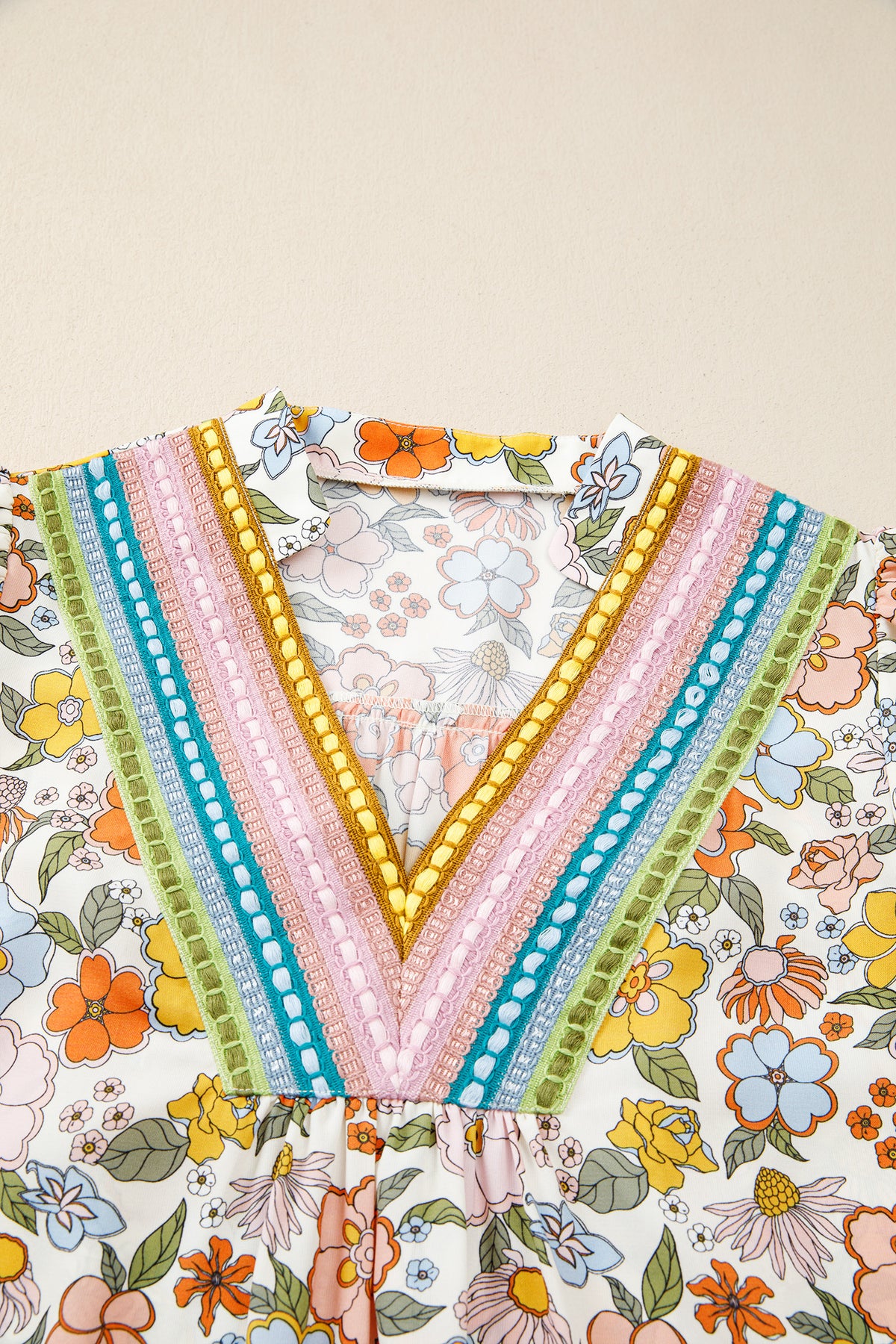 Multicolour Crochet V Neckline Puff Sleeve Boho Flower Blouse