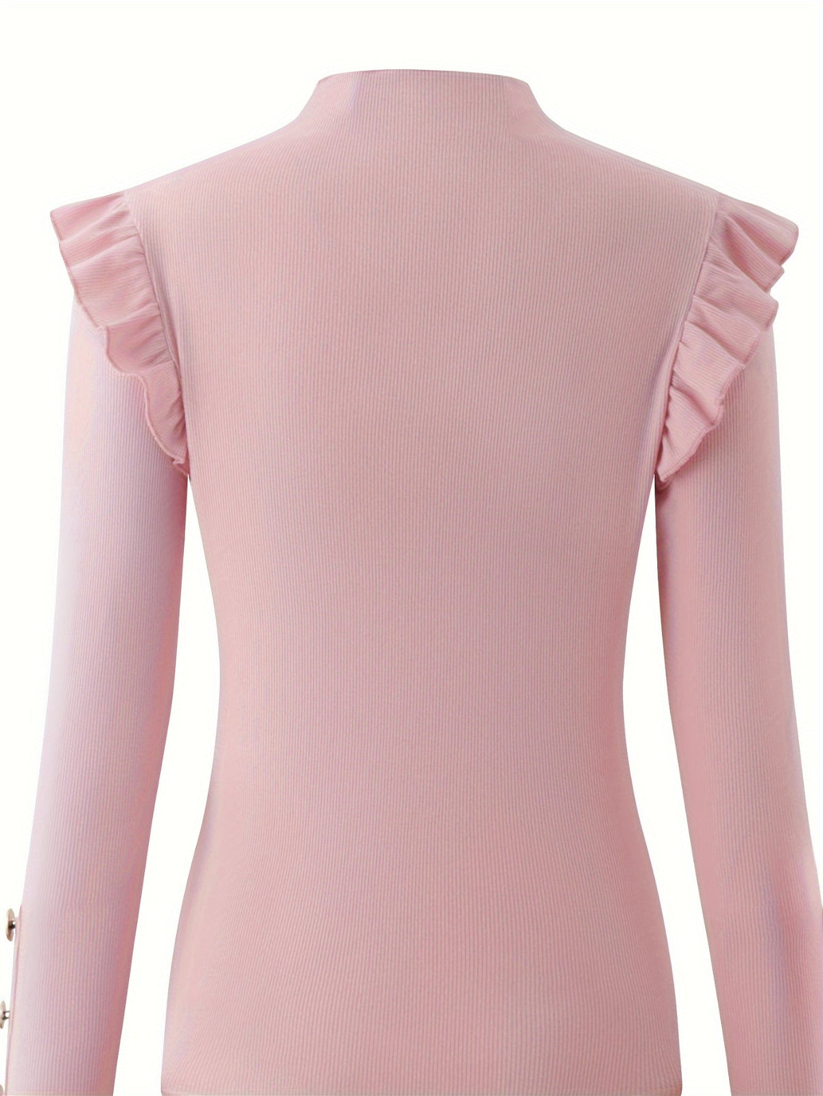 Solid Mock Neck Ruffle Trim Tee, Elegant Long Sleeve Slim T-shirt