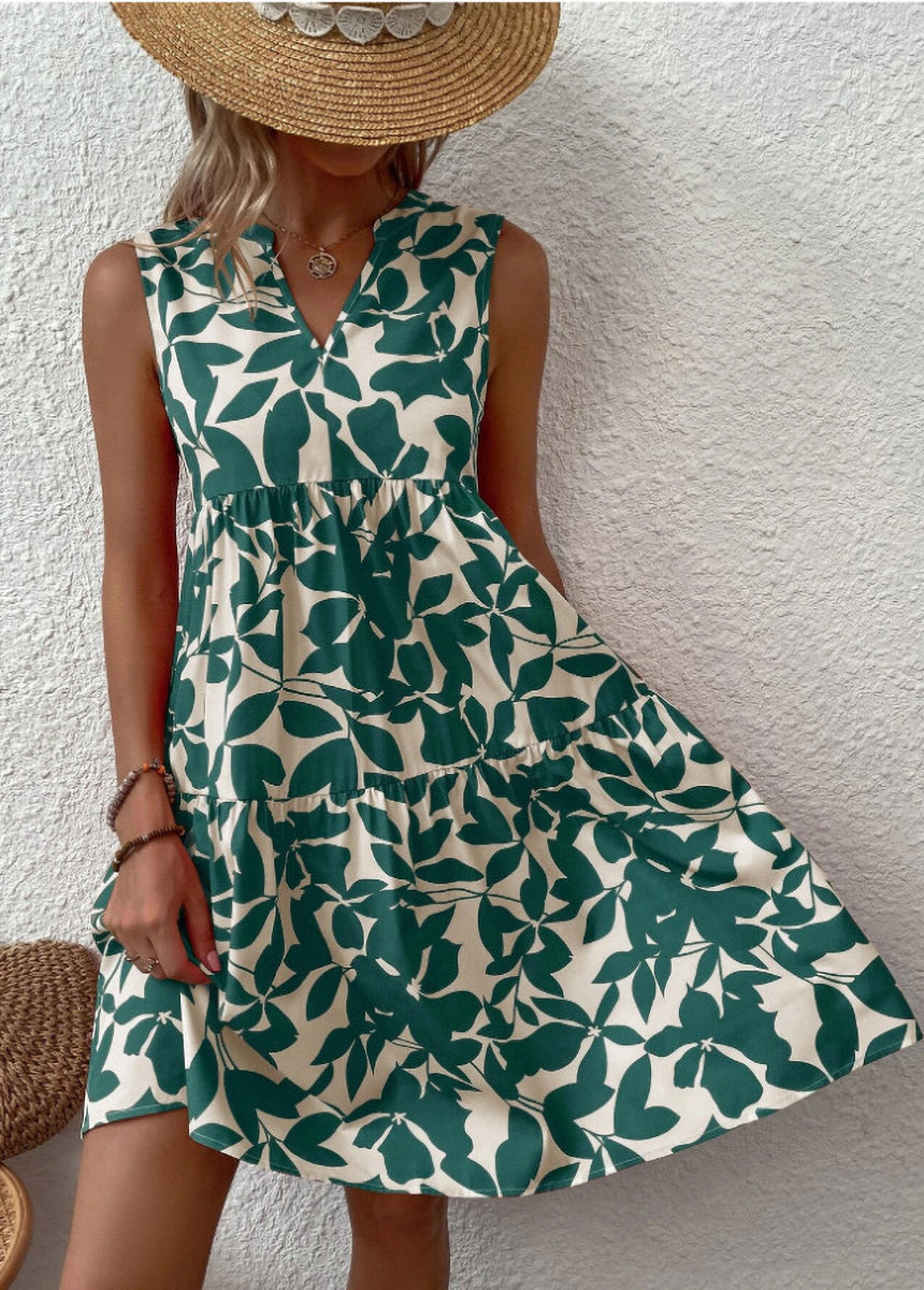 Bohemian V-Neck Pleated Printed Dress