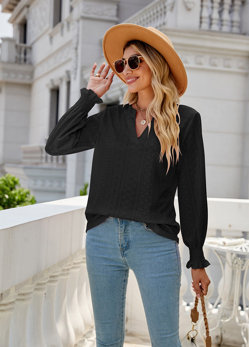 Solid Color Hollow Pleated Ruffle Sleeve V-Neck Loose Long Sleeve Top