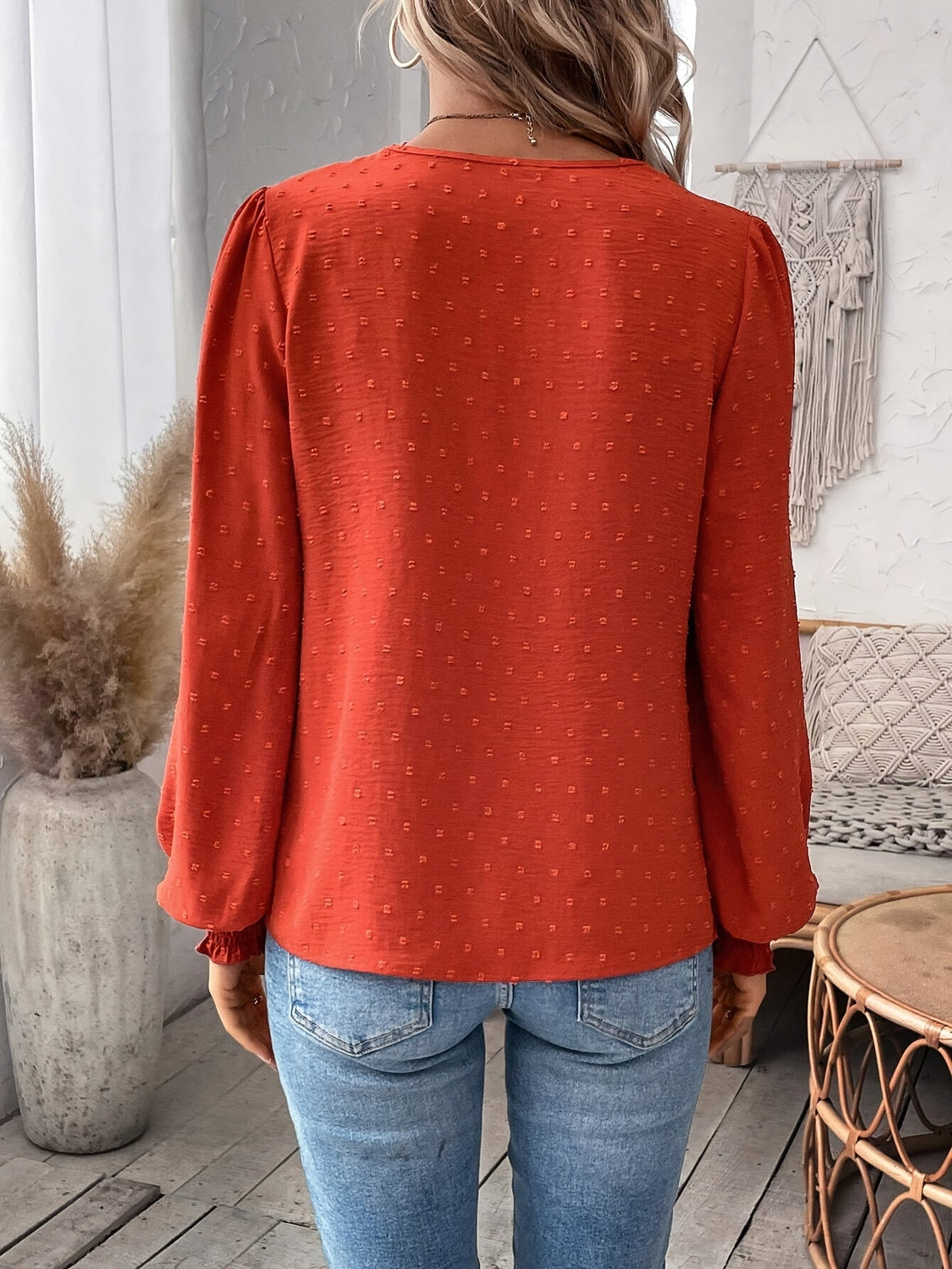 Lace Splicing Swiss Dot V-neck Blouse, Elegant Long Sleeve Blouse Top