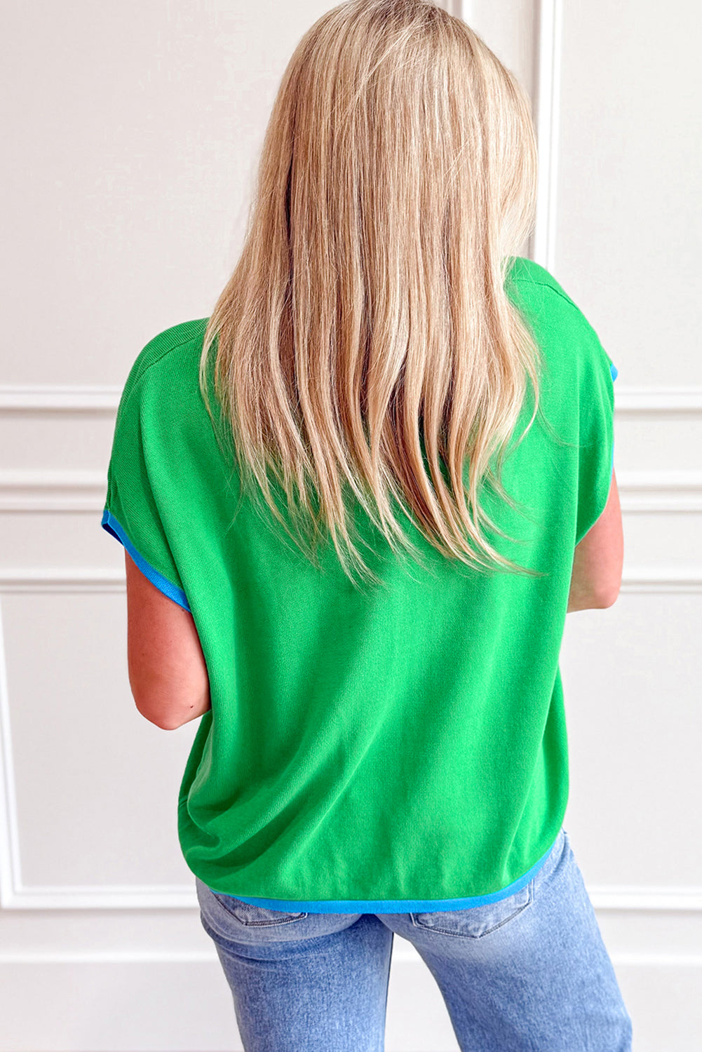 Green Contrast Trim Round Neck Short Sleeve Loose Knit Sweater