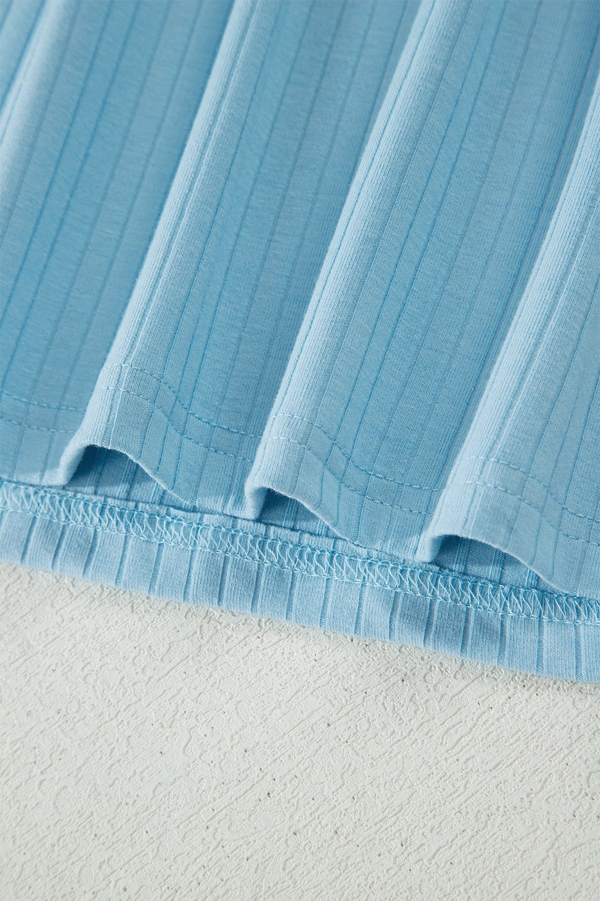 Mist Blue Soft Ribbed Color Block Trim Casual Short Set