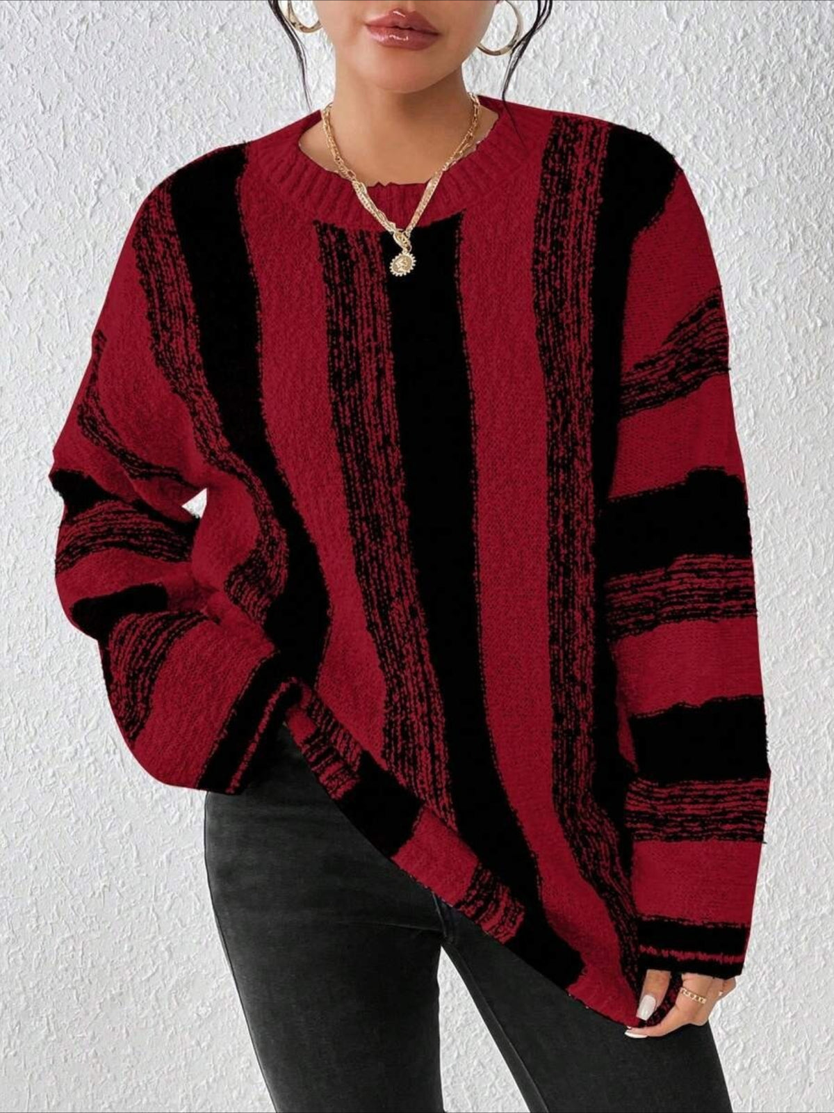 Striped Split Joint Winter Casual Long Sleeve Crew Neck Sweater