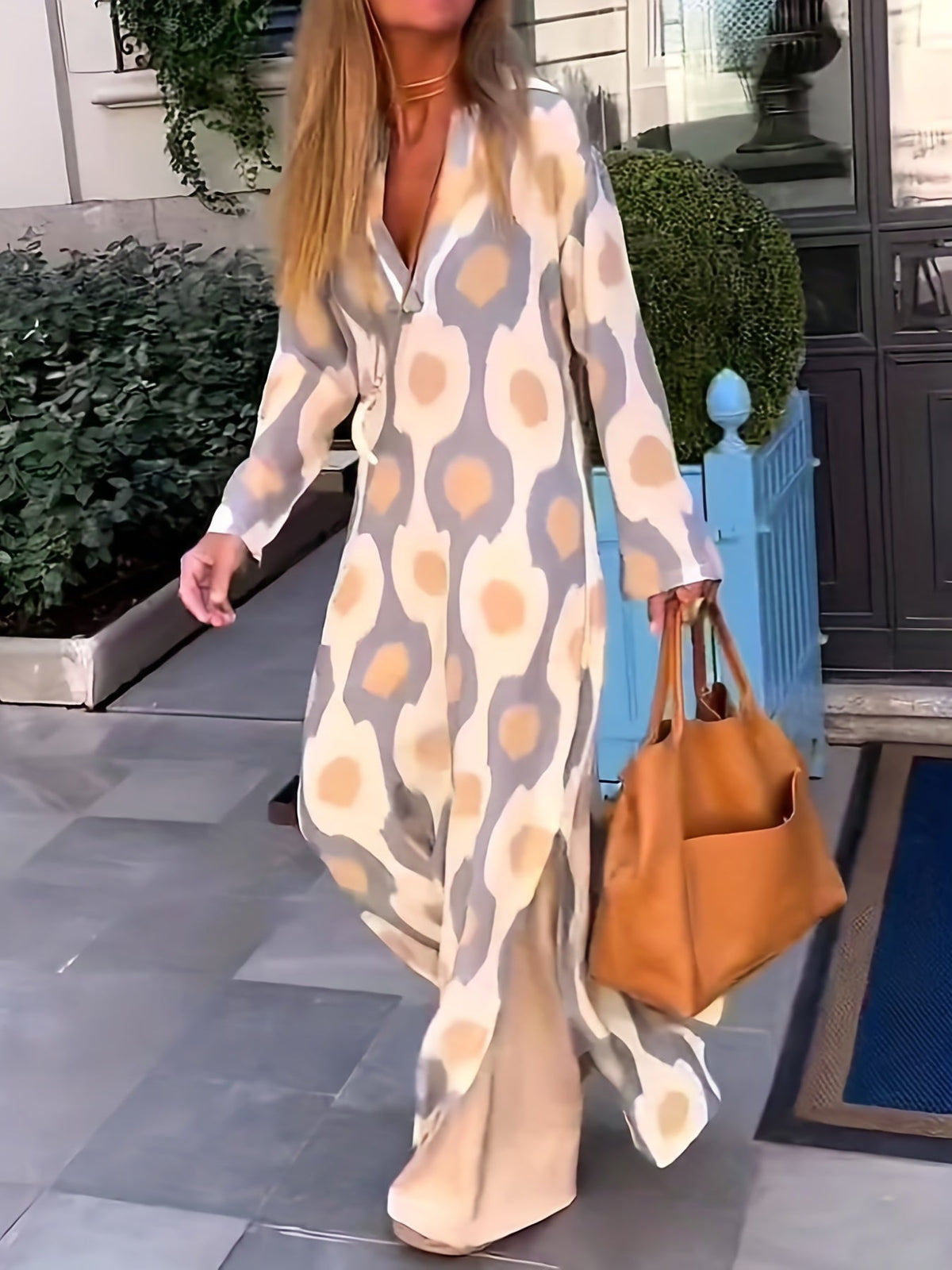 Graphic Print Split Dress, Vintage V Neck Long Sleeve Maxi Dress