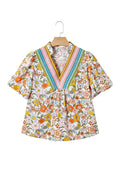Multicolour Crochet V Neckline Puff Sleeve Boho Flower Blouse