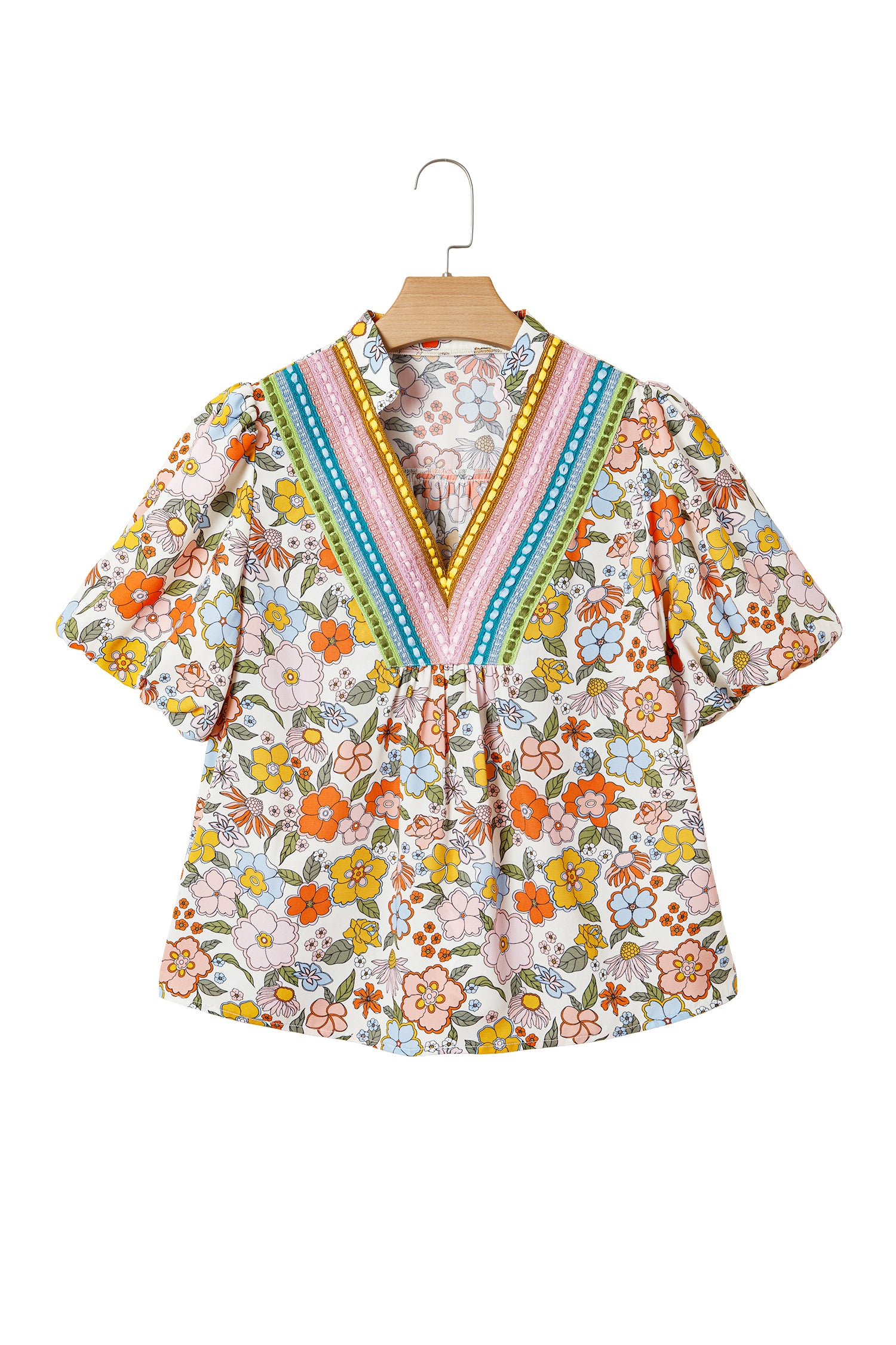 Multicolour Crochet V Neckline Puff Sleeve Boho Flower Blouse