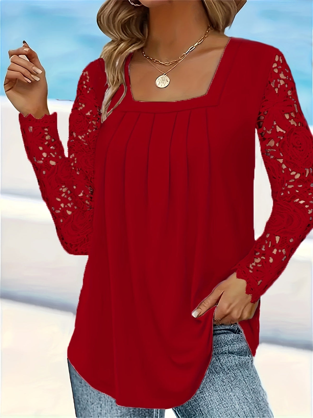 Lace Stitching T-Shirt, Casual Square Neck Long Sleeve T-Shirt
