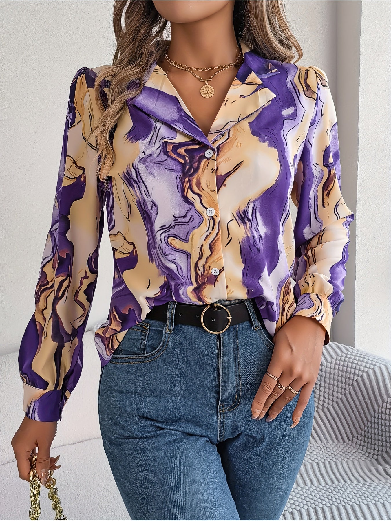 Graphic Print Button Front Shirt, Casual Long Sleeve Shirt