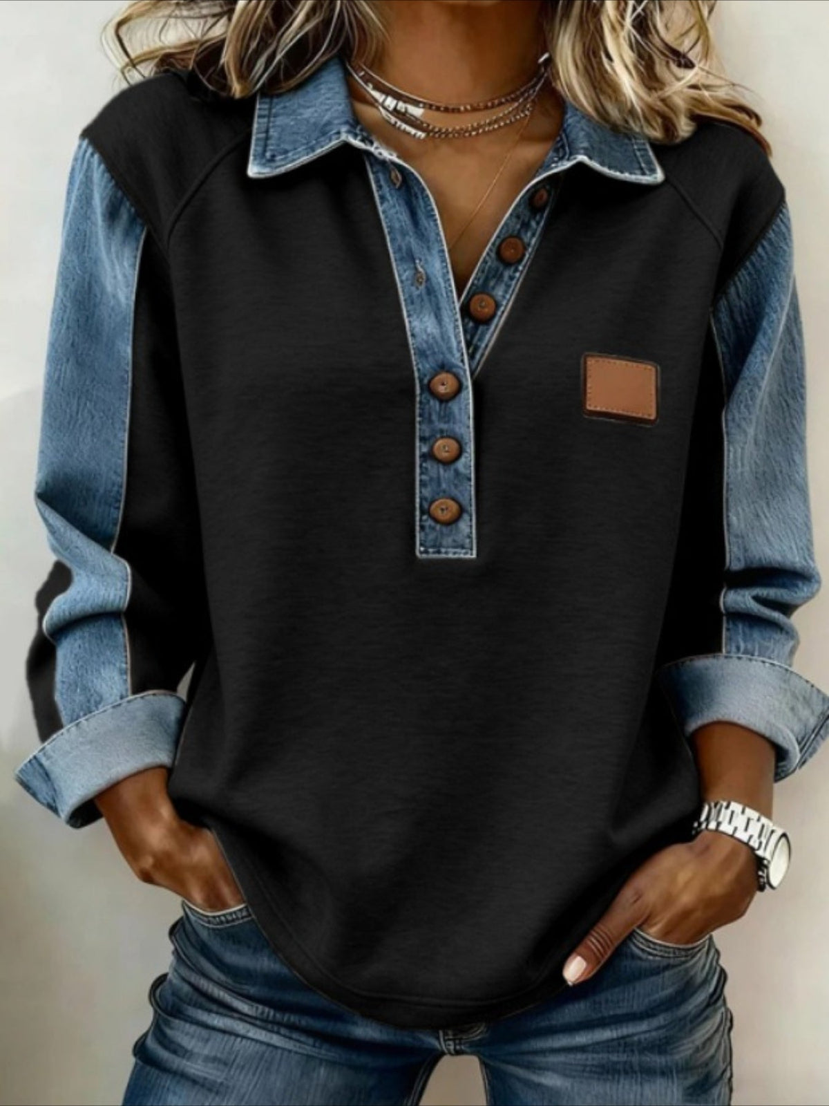 Casual Shawl Collar Color Block Sweatshirt