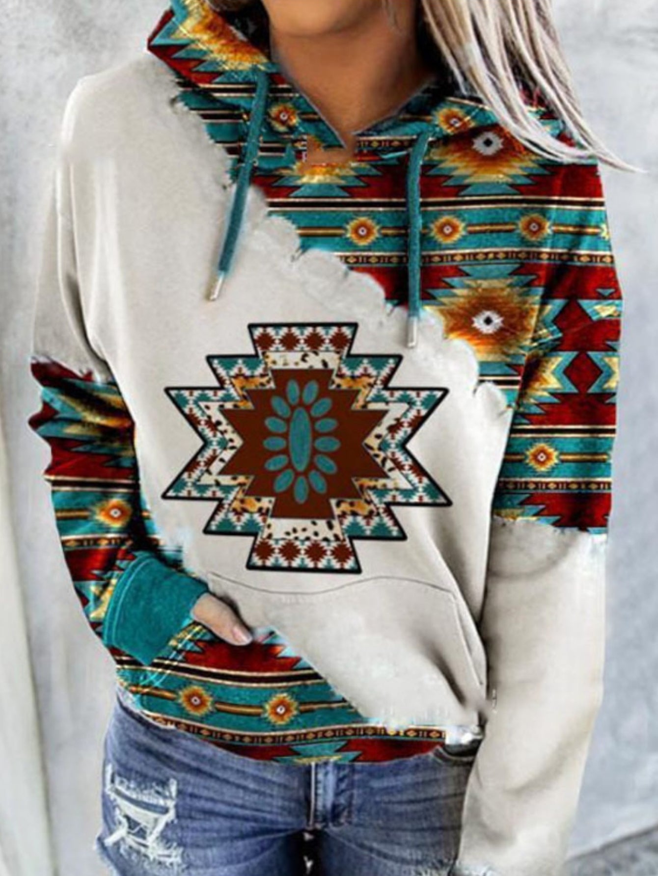Aztec Geo Print Kangaroo Pocket Hoodie, Casual Long Sleeve Drawstring Hoodies Sweatshirt