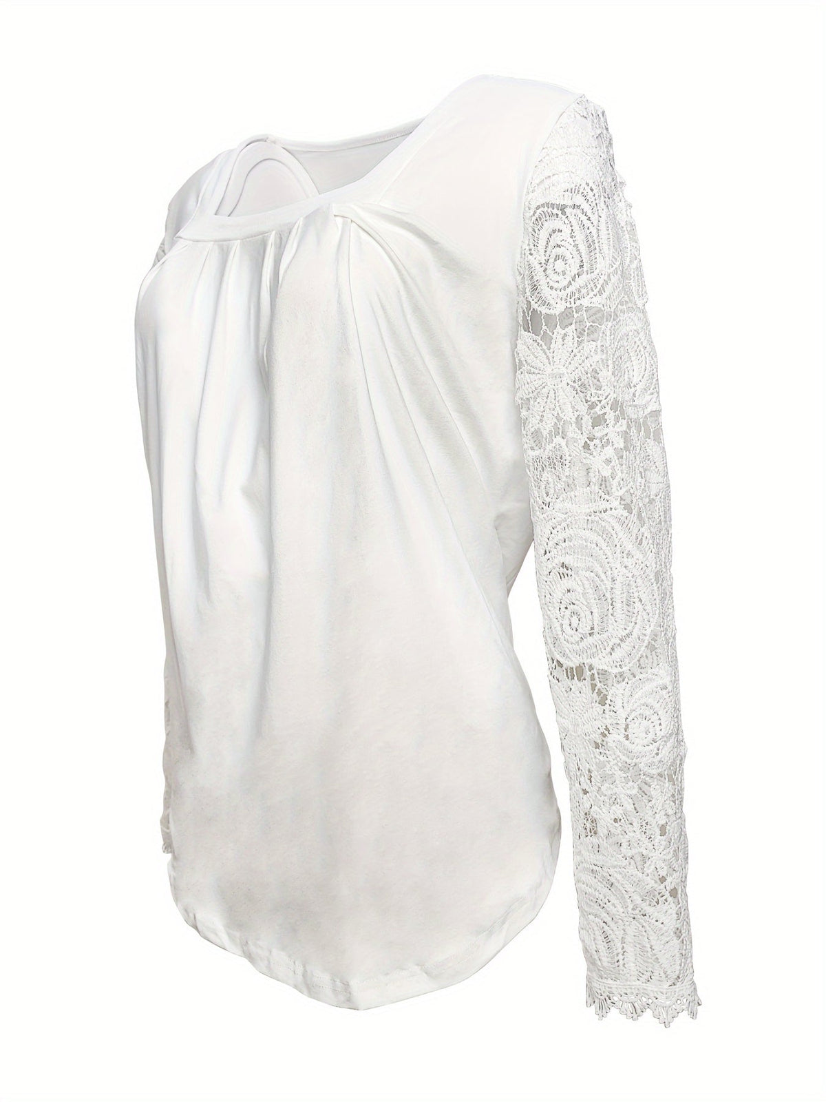 Lace Stitching T-Shirt, Casual Square Neck Long Sleeve T-Shirt