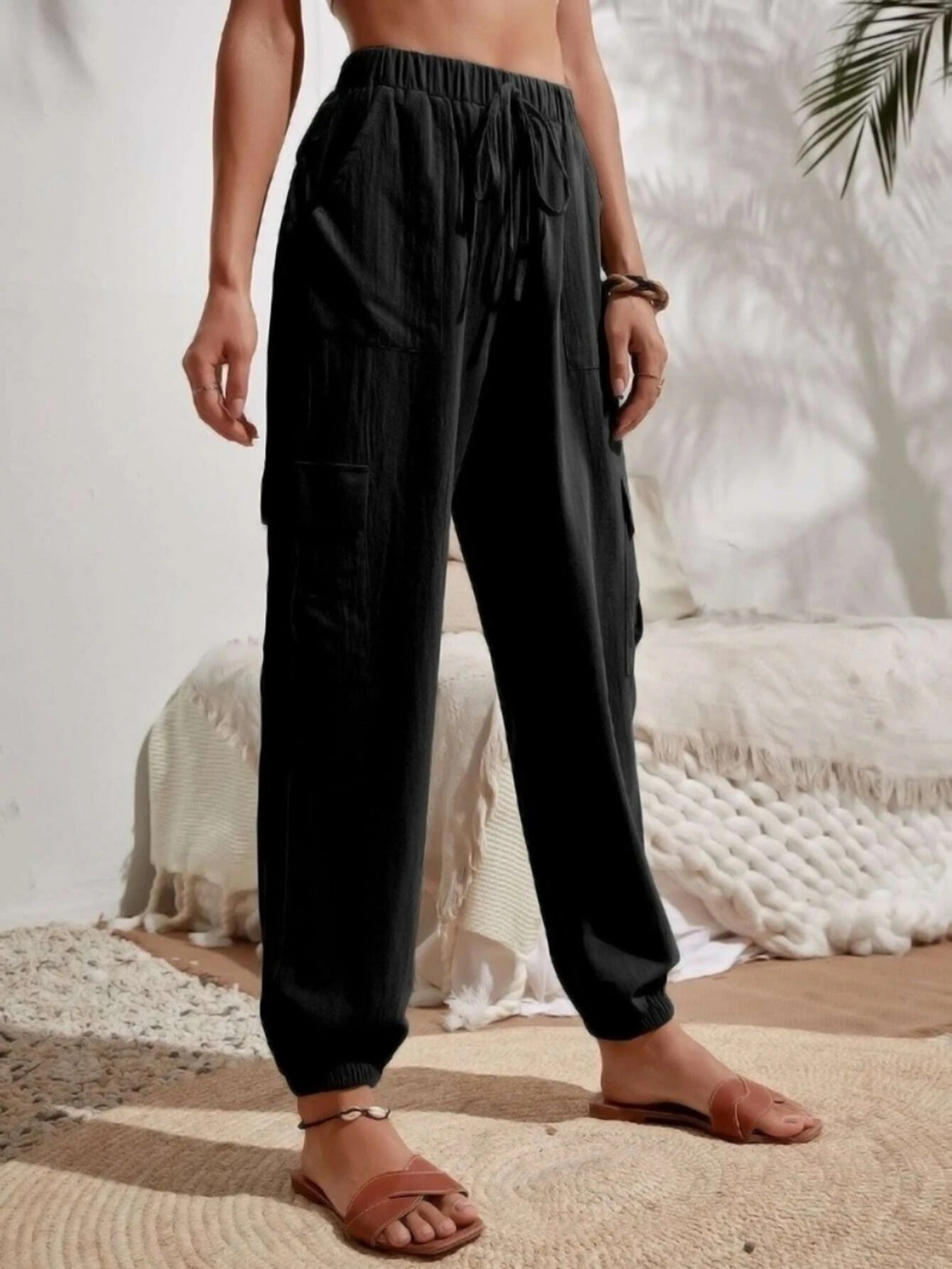 Solid Drawstring Pants, Casual Slant Pockets Cargo Pants