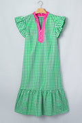 Bright Green Summer Color-Blocked Plaid Pattern Midi Dress