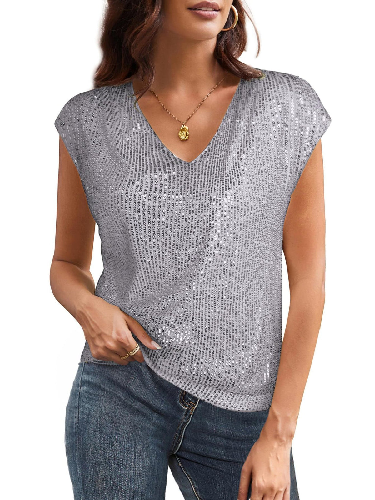 V Neck Sequined Solid Color Short Sleeved Top