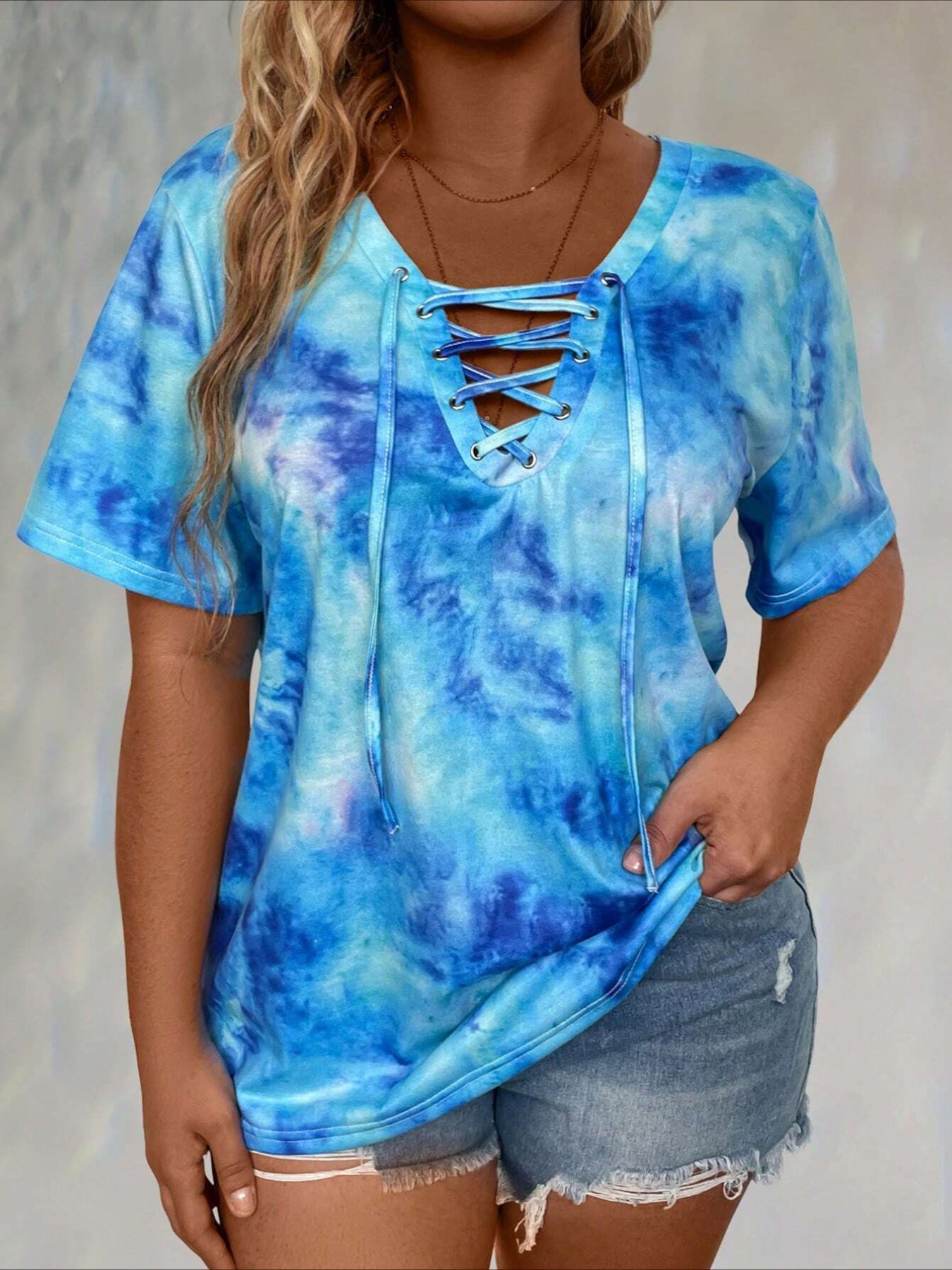 Print Front Button Drawstring Oversized Top