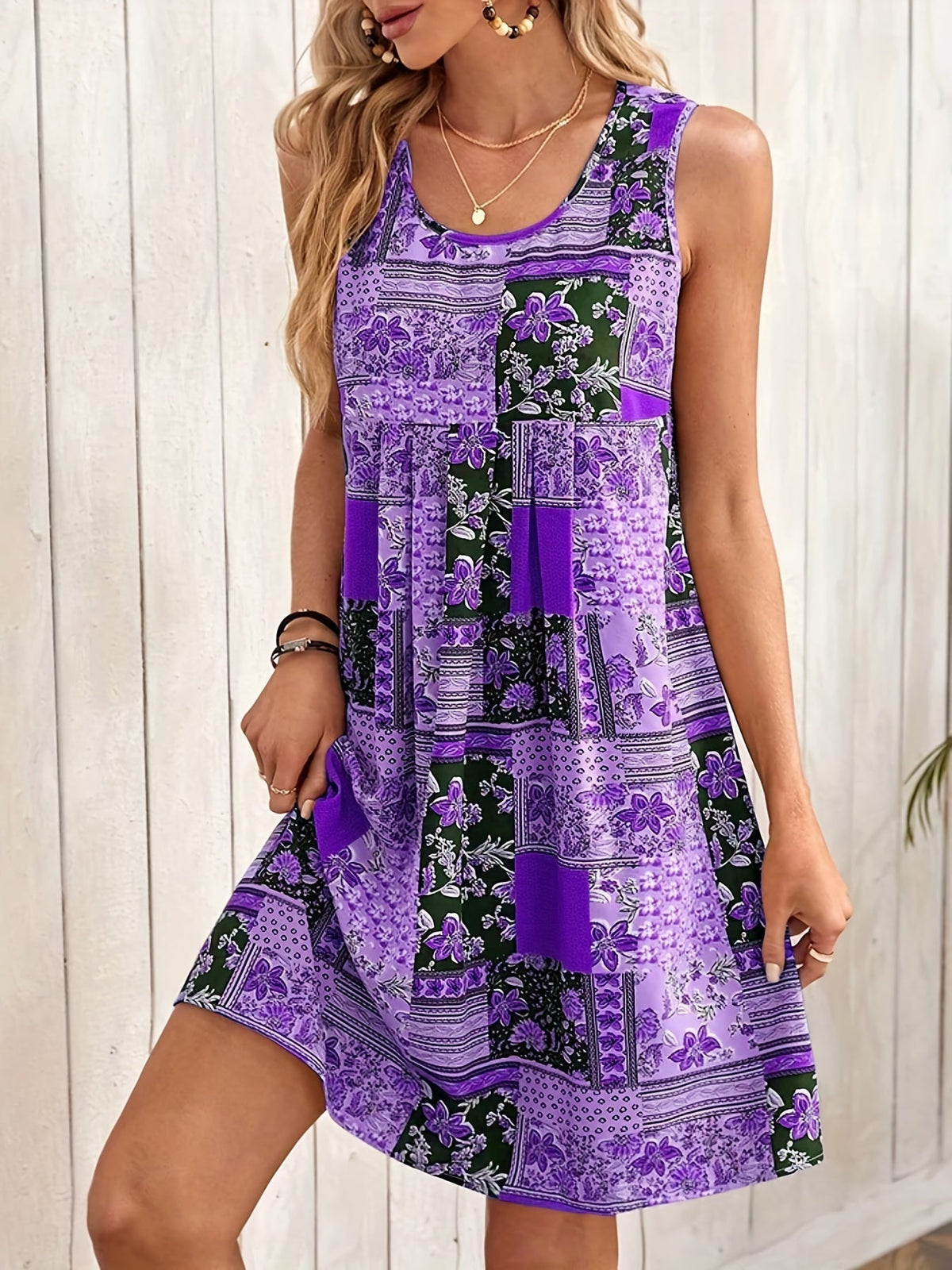 Floral Print Crew Neck Dress, Elegant Sleeveless Tank Dress