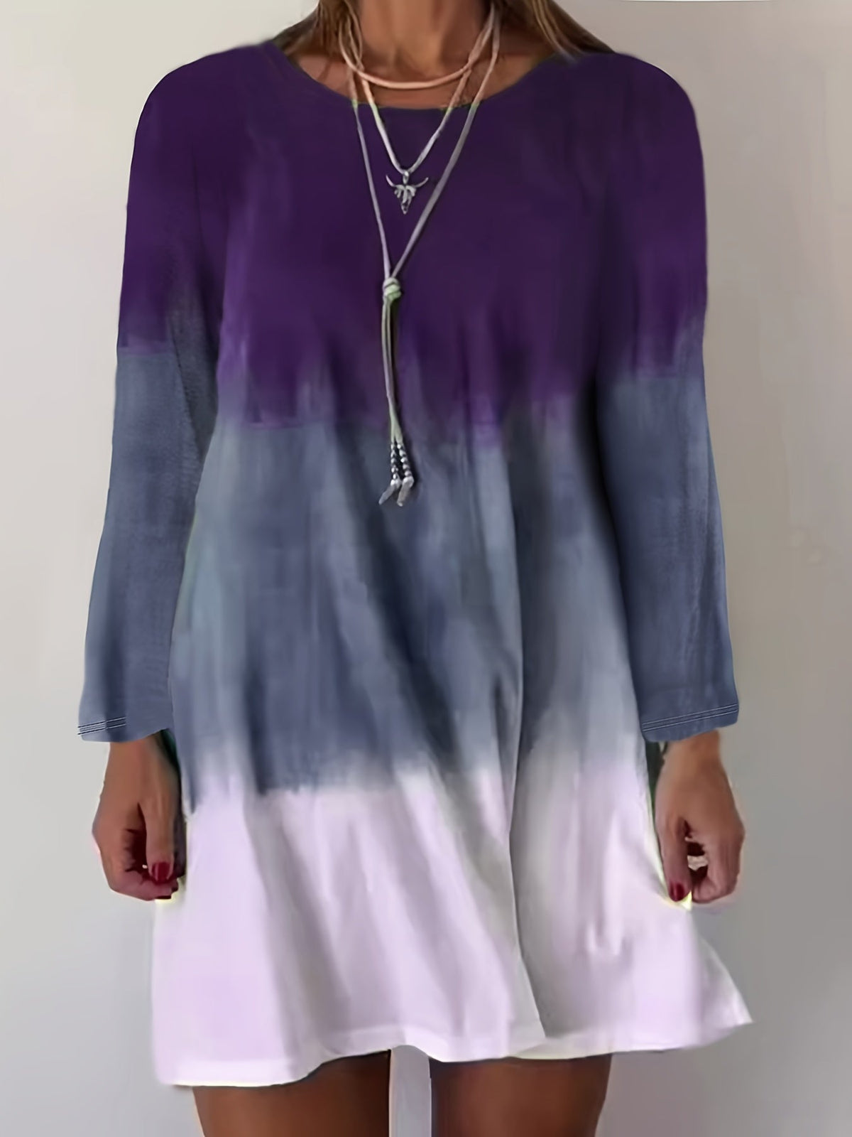 Ombre Color Crew Neck Casual Long Sleeve Dress