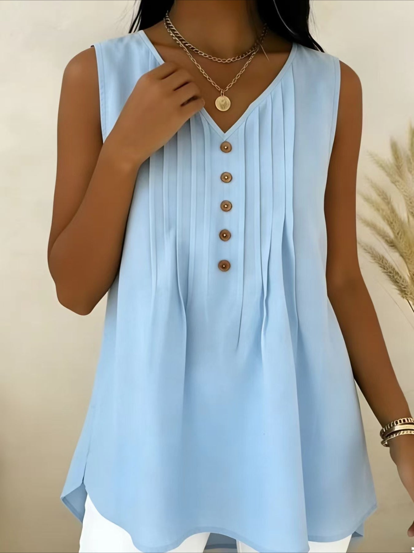 Elegant V Neck Sleeveless Button Summer Vacation Casual Tank Top
