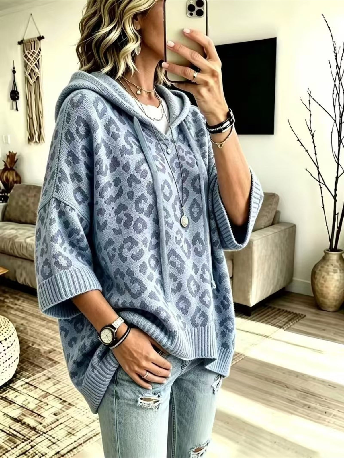 Leopard Pattern Hooded Knit Sweater with Batwing Sleeves