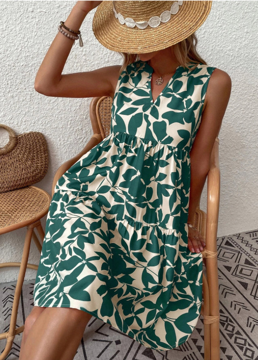 Bohemian V-Neck Pleated Printed Dress