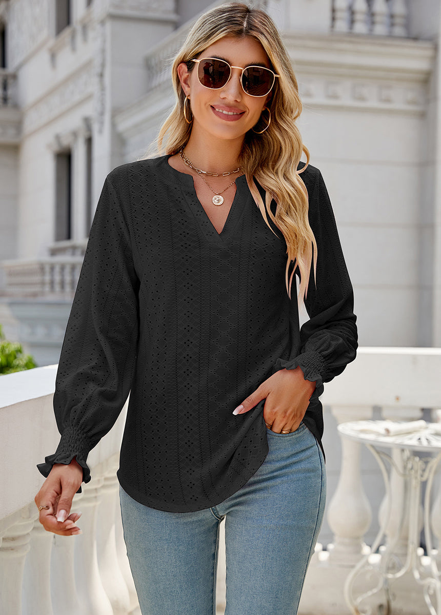 Solid Color Hollow Pleated Ruffle Sleeve V-Neck Loose Long Sleeve Top