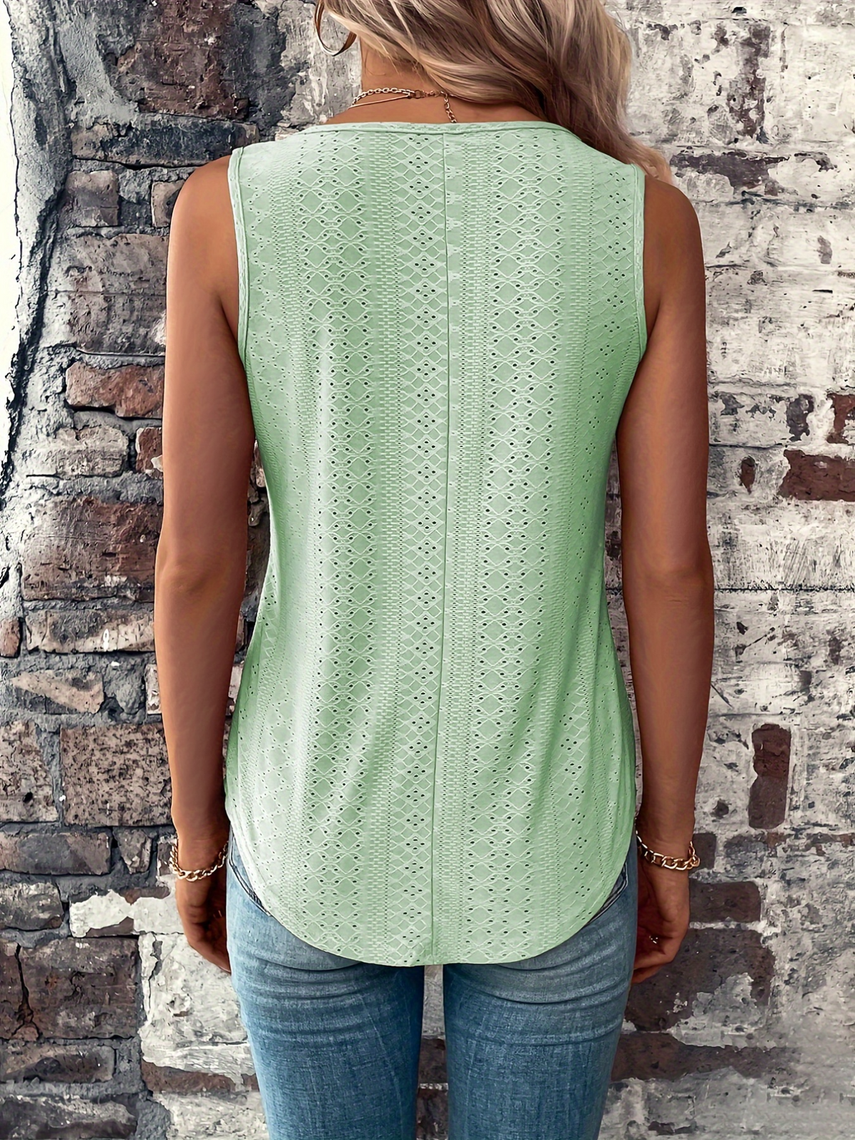 Eyelet Solid Tank Top, Casual V Neck Summer Sleeveless Top