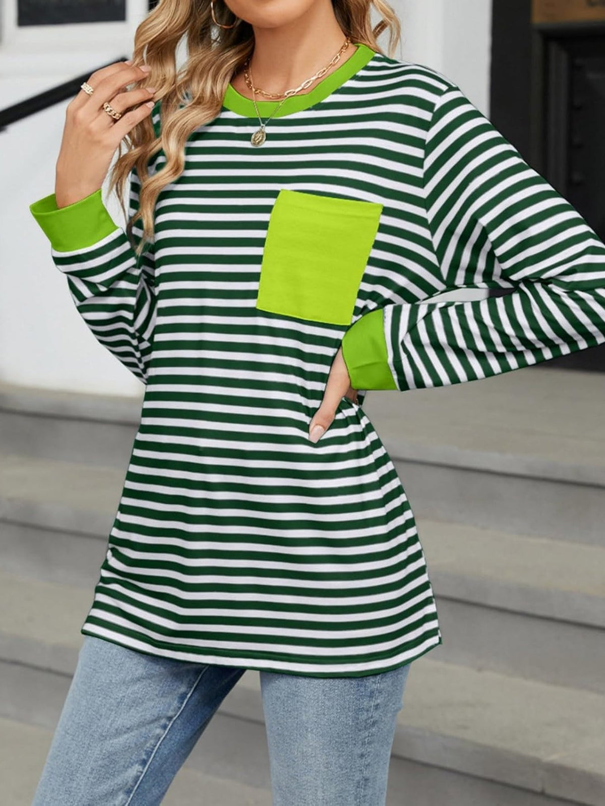 Women's Striped Long Sleeve Shirts Color Block Loose Pullover Tops Crew Neck Casual Blouse Sweatshirts Fall Outfits